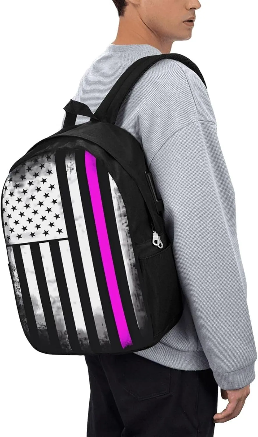 Fight Cancer America Flag Backpack 17 Inch Laptop Backpacks Outdoor Travel Rucksack Work Business Daypack with USB Port Carry On Bag for Cycling Hiking