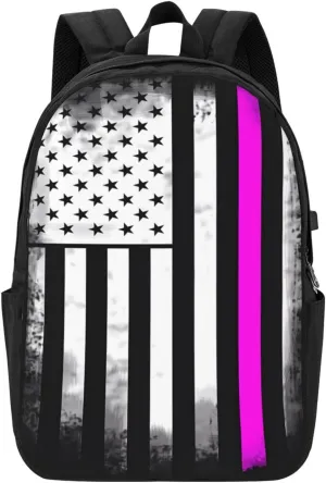 Fight Cancer America Flag Backpack 17 Inch Laptop Backpacks Outdoor Travel Rucksack Work Business Daypack with USB Port Carry On Bag for Cycling Hiking
