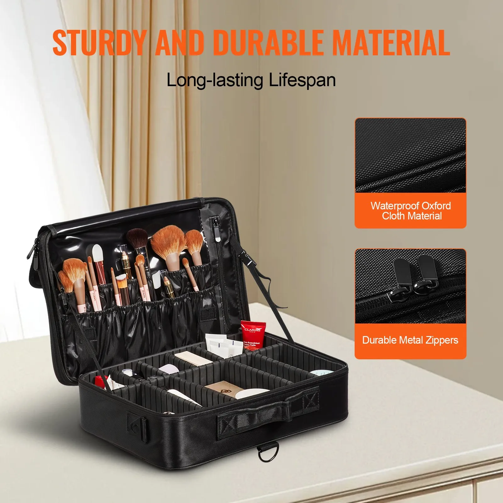 (FINAL PRICES ARE LOWER ON OUR SITE!) VEVOR Makeup Train Case Large Storage 3 Tiers, Convenient Carry With Handle, Strap, Professional Waterproof Oxford Makeup Storage Organizer Box, Heavy Duty Make Up Carrier, Black
