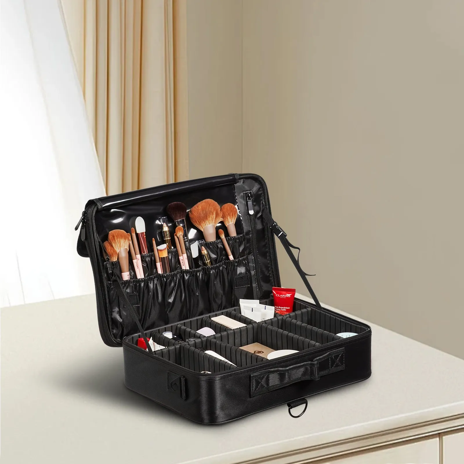 (FINAL PRICES ARE LOWER ON OUR SITE!) VEVOR Makeup Train Case Large Storage 3 Tiers, Convenient Carry With Handle, Strap, Professional Waterproof Oxford Makeup Storage Organizer Box, Heavy Duty Make Up Carrier, Black