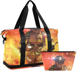 Firefighter Survivors with Tools Fire Background Foldable Travel Bag, Camping Luggage bag, Portable Gym Bag, Sports Bag, Toiletry Bag with Handles Adjustable Shoulder Strap