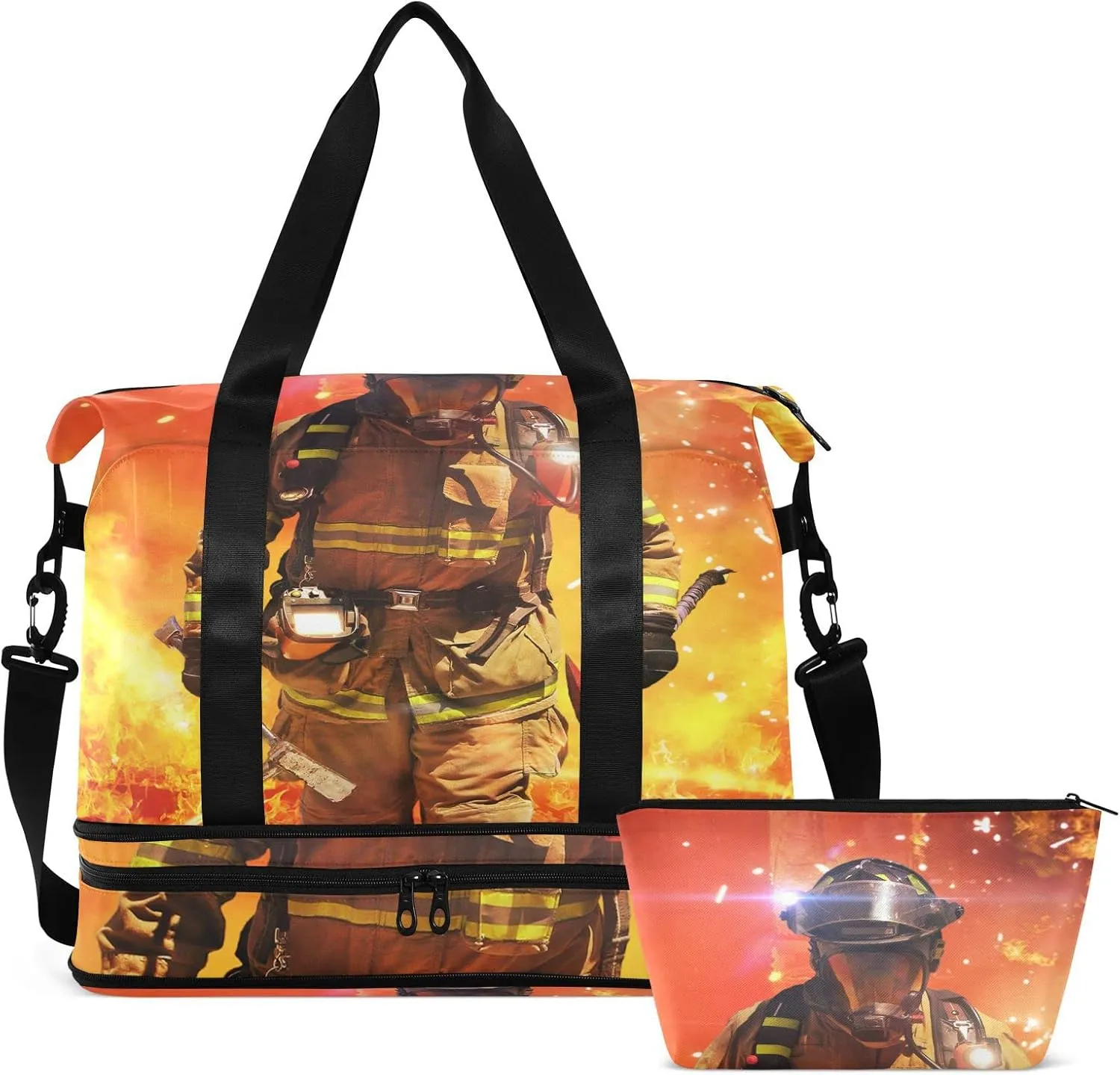 Firefighter Survivors with Tools Fire Background Foldable Travel Bag, Camping Luggage bag, Portable Gym Bag, Sports Bag, Toiletry Bag with Handles Adjustable Shoulder Strap