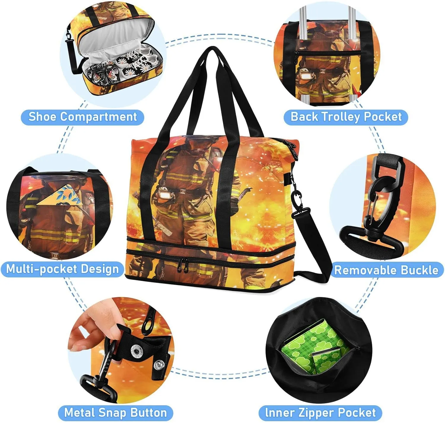 Firefighter Survivors with Tools Fire Background Foldable Travel Bag, Camping Luggage bag, Portable Gym Bag, Sports Bag, Toiletry Bag with Handles Adjustable Shoulder Strap