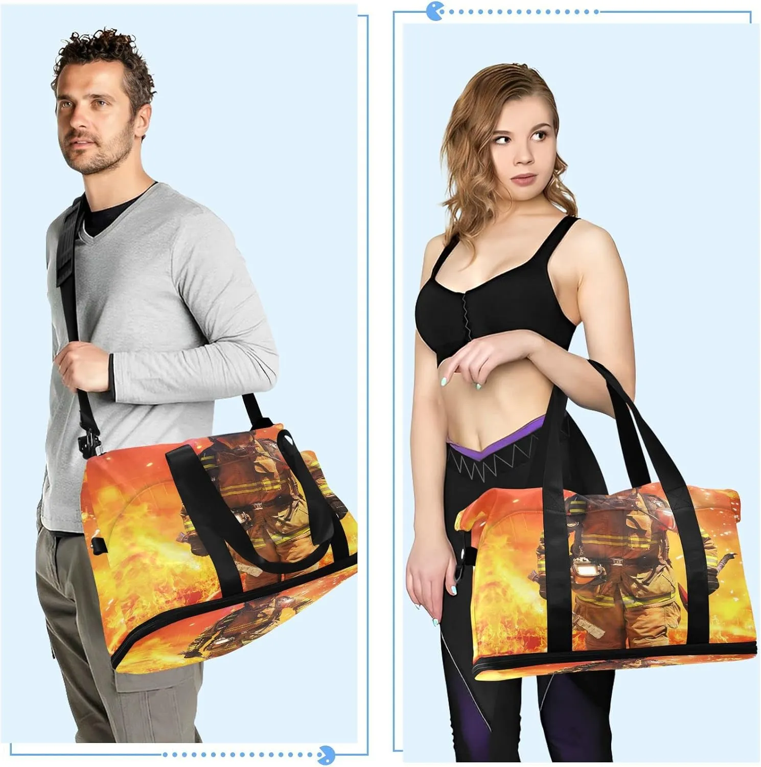 Firefighter Survivors with Tools Fire Background Foldable Travel Bag, Camping Luggage bag, Portable Gym Bag, Sports Bag, Toiletry Bag with Handles Adjustable Shoulder Strap