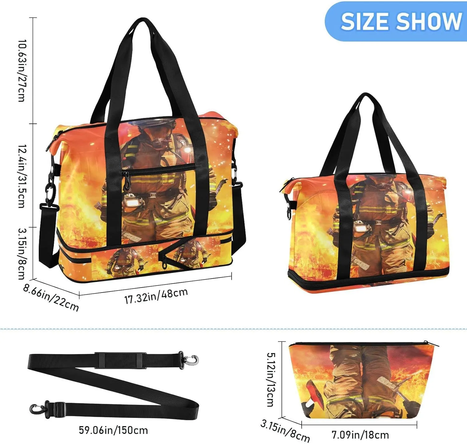 Firefighter Survivors with Tools Fire Background Foldable Travel Bag, Camping Luggage bag, Portable Gym Bag, Sports Bag, Toiletry Bag with Handles Adjustable Shoulder Strap