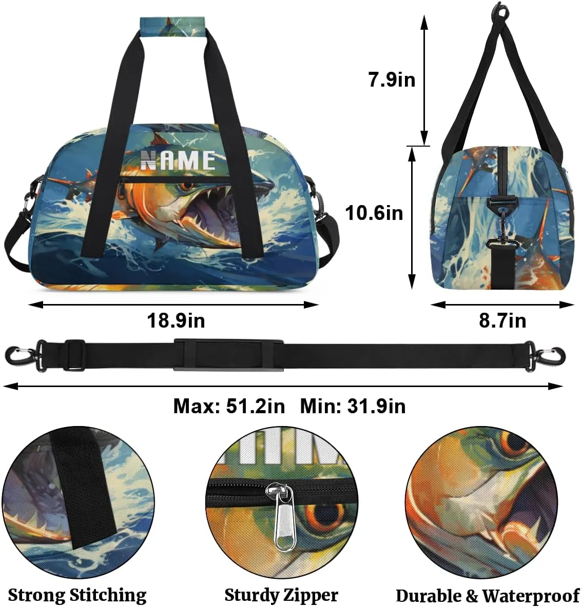 Fish Waves Ocean Summer Kids Overnight Bags Personalized Weekender Travel Duffle Bag for Teens,Boys Gym Carry On Maletas Para Niños,Customized Gymnastics Dance Ballet Tote for Girls