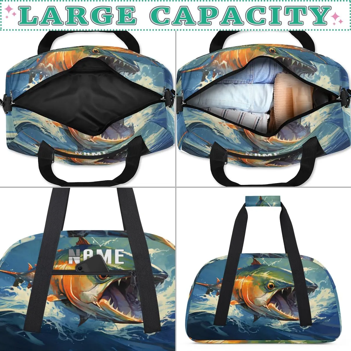 Fish Waves Ocean Summer Kids Overnight Bags Personalized Weekender Travel Duffle Bag for Teens,Boys Gym Carry On Maletas Para Niños,Customized Gymnastics Dance Ballet Tote for Girls