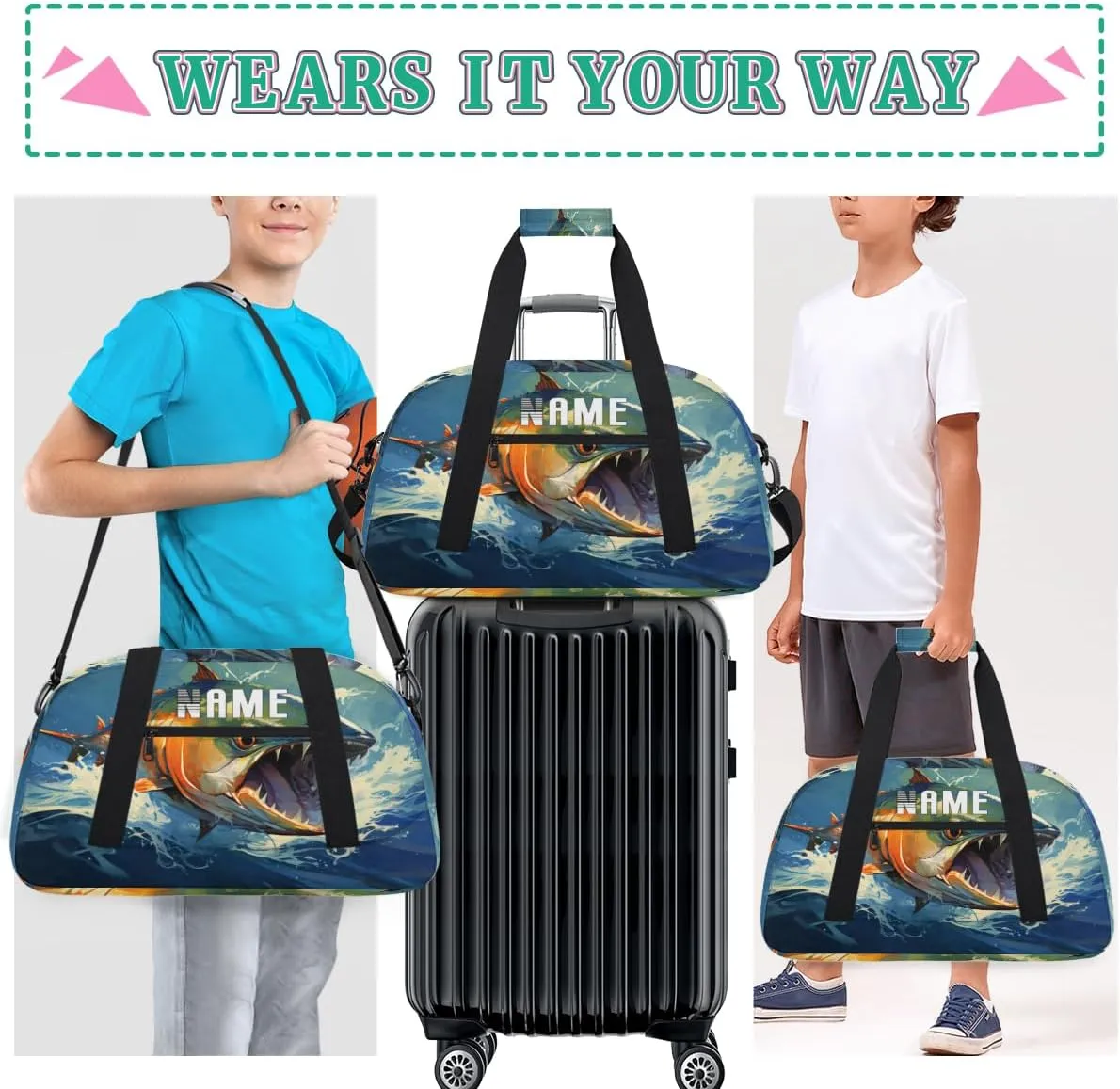Fish Waves Ocean Summer Kids Overnight Bags Personalized Weekender Travel Duffle Bag for Teens,Boys Gym Carry On Maletas Para Niños,Customized Gymnastics Dance Ballet Tote for Girls