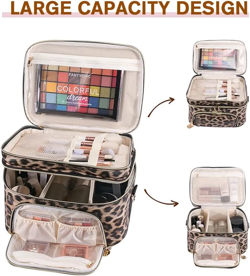 FITINI Double Layer Travel Leopard Makeup Bag,Extra Large Women Cosmetic Organizer Case,Skin Care Essentials Toiletries Bags with Shoulder Strap Waterproof Brush Storage with Removable Dividers