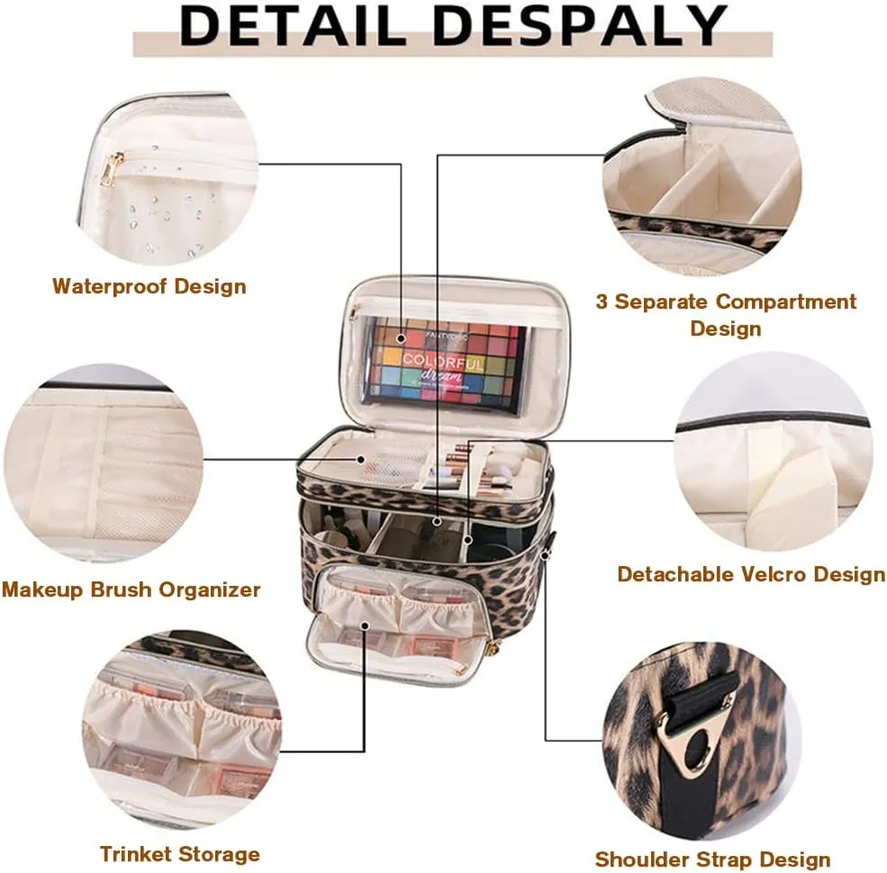 FITINI Double Layer Travel Leopard Makeup Bag,Extra Large Women Cosmetic Organizer Case,Skin Care Essentials Toiletries Bags with Shoulder Strap Waterproof Brush Storage with Removable Dividers