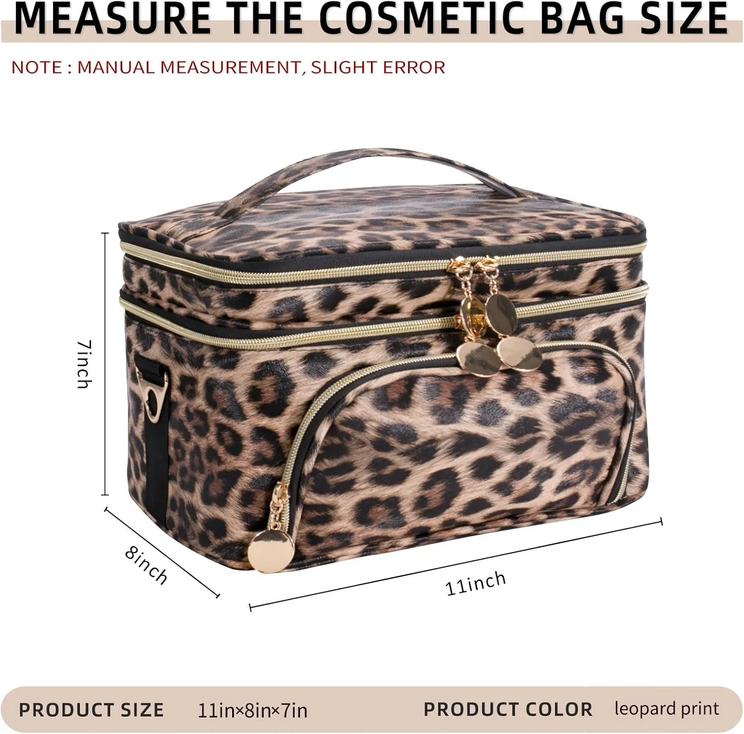 FITINI Double Layer Travel Leopard Makeup Bag,Extra Large Women Cosmetic Organizer Case,Skin Care Essentials Toiletries Bags with Shoulder Strap Waterproof Brush Storage with Removable Dividers