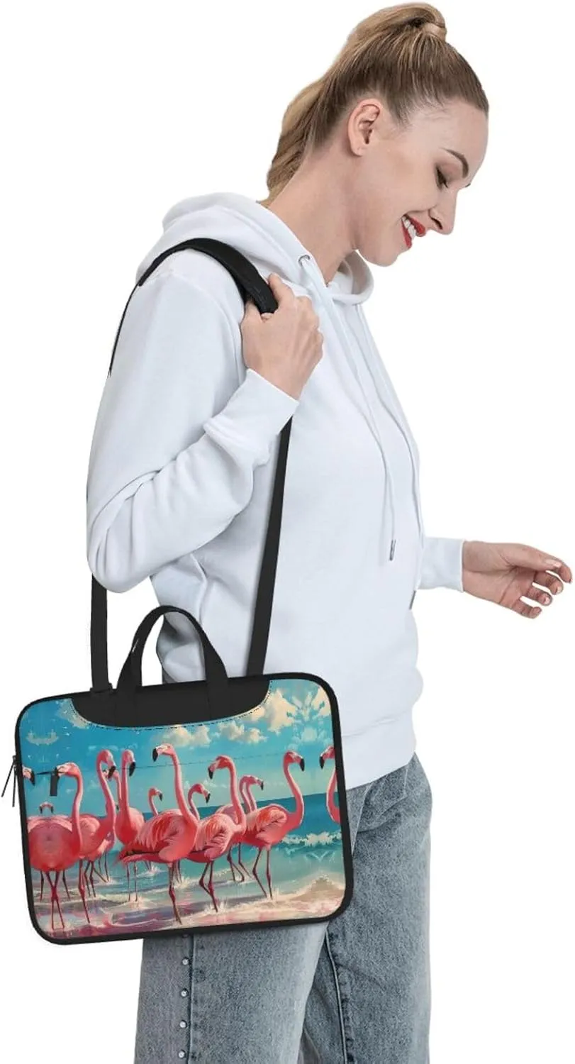 Flock of Red Flamingos on The Beach Print Trendy Oxford Cloth Laptop Bag - Versatile Laptop Case,Messenger Bag, Shoulder Bag