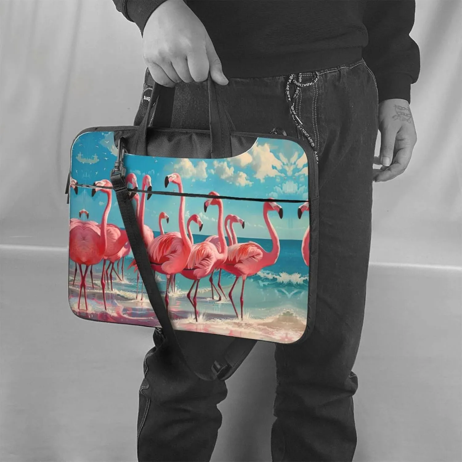 Flock of Red Flamingos on The Beach Print Trendy Oxford Cloth Laptop Bag - Versatile Laptop Case,Messenger Bag, Shoulder Bag