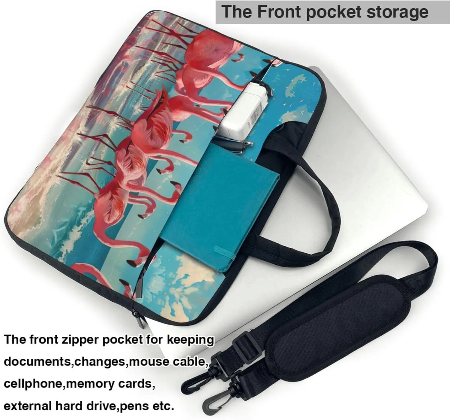 Flock of Red Flamingos on The Beach Print Trendy Oxford Cloth Laptop Bag - Versatile Laptop Case,Messenger Bag, Shoulder Bag