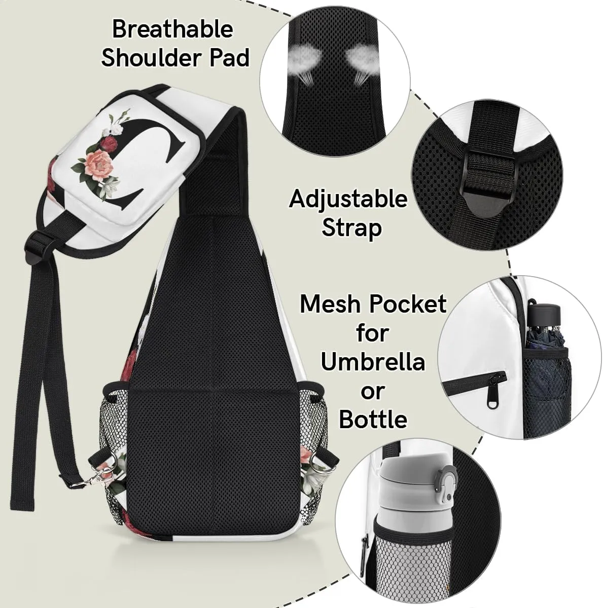 Floral C Letter Sling Bag for Women Men Crossbody Sling Backpack Shoulder Bag Chest Bag Daypack for Travel Hiking Outdoor