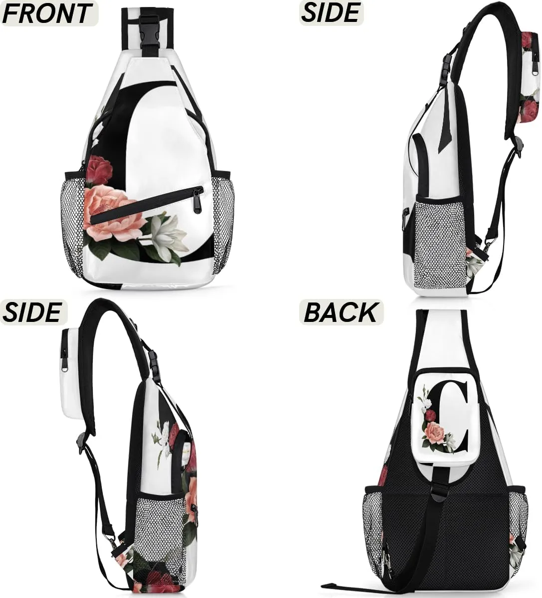 Floral C Letter Sling Bag for Women Men Crossbody Sling Backpack Shoulder Bag Chest Bag Daypack for Travel Hiking Outdoor