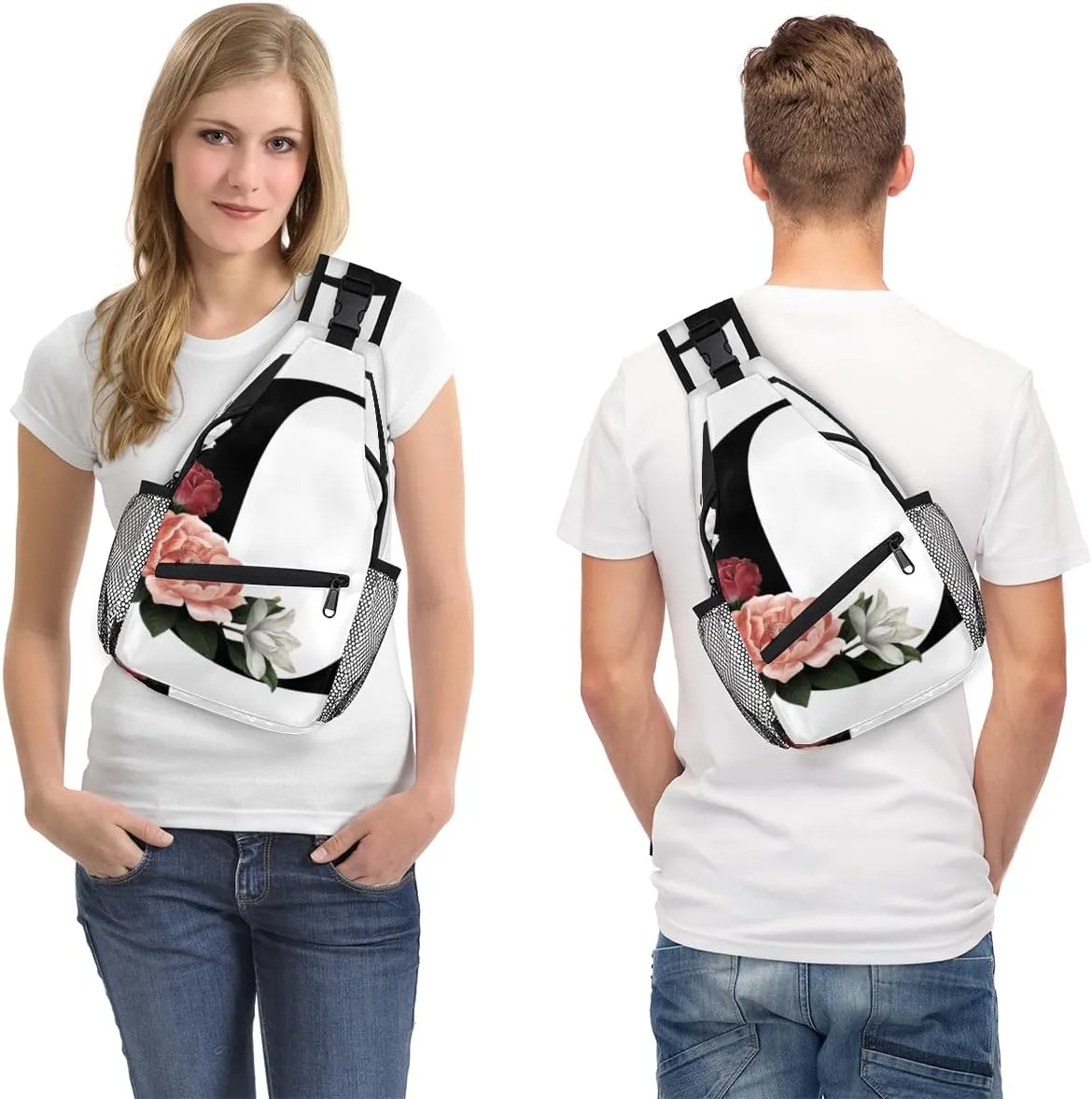 Floral C Letter Sling Bag for Women Men Crossbody Sling Backpack Shoulder Bag Chest Bag Daypack for Travel Hiking Outdoor