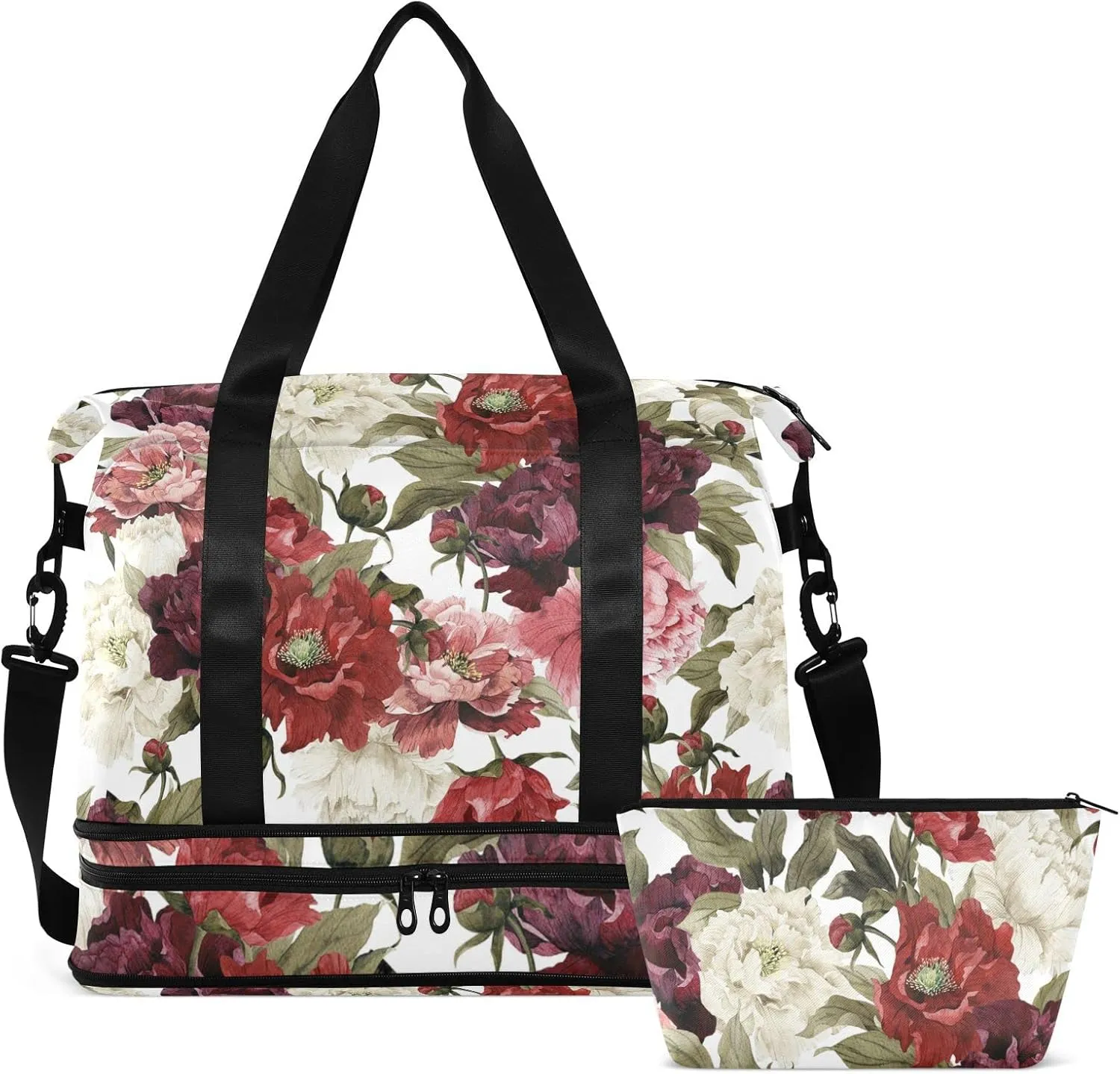 Floral White Red Roses with Green Leaves Seamless on White Gym Duffel Bag, Polyester Travel Weekender Luggage Handbag with Waterproof Pocket for Wet Items, Unisex Foldable Tote for Sports