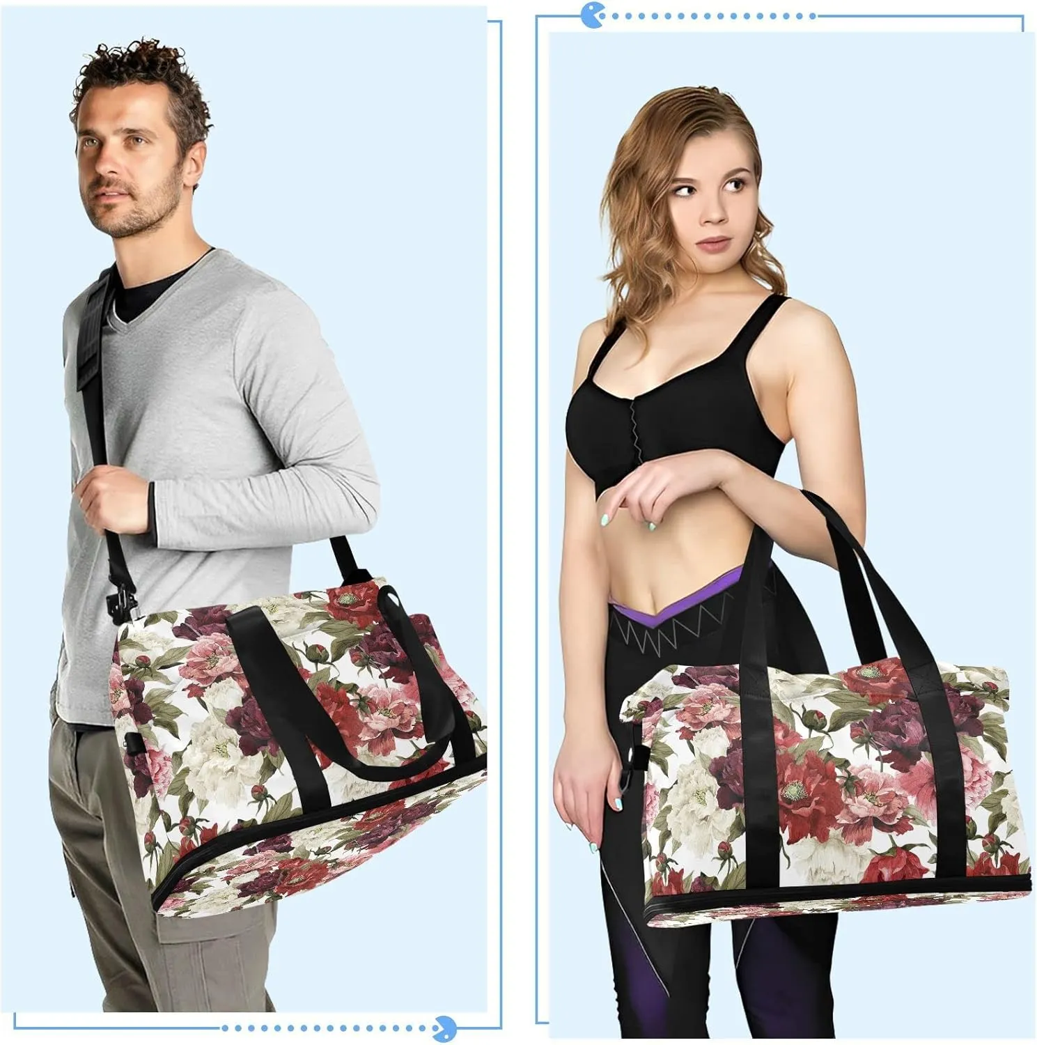 Floral White Red Roses with Green Leaves Seamless on White Gym Duffel Bag, Polyester Travel Weekender Luggage Handbag with Waterproof Pocket for Wet Items, Unisex Foldable Tote for Sports