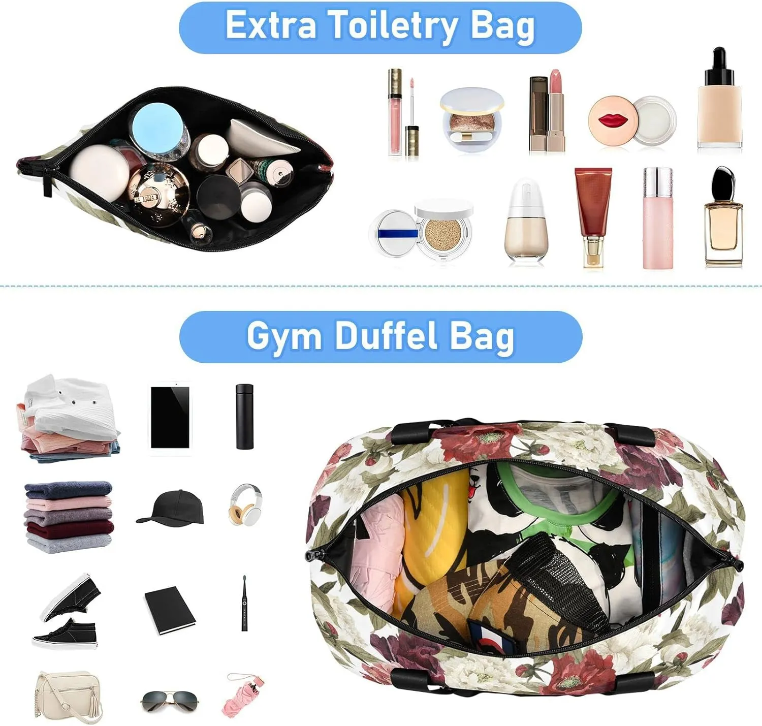 Floral White Red Roses with Green Leaves Seamless on White Gym Duffel Bag, Polyester Travel Weekender Luggage Handbag with Waterproof Pocket for Wet Items, Unisex Foldable Tote for Sports