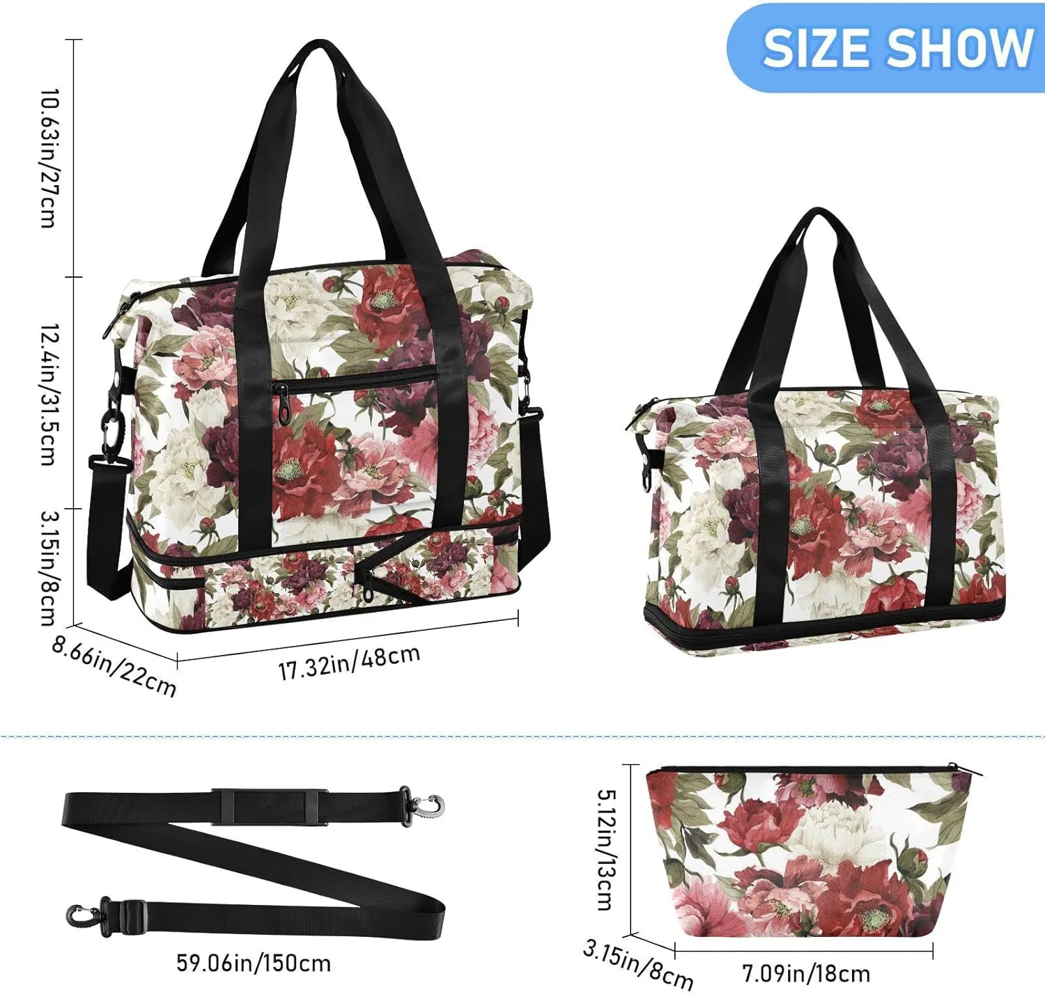Floral White Red Roses with Green Leaves Seamless on White Gym Duffel Bag, Polyester Travel Weekender Luggage Handbag with Waterproof Pocket for Wet Items, Unisex Foldable Tote for Sports