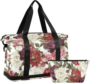Floral White Red Roses with Green Leaves Seamless on White Gym Duffel Bag, Polyester Travel Weekender Luggage Handbag with Waterproof Pocket for Wet Items, Unisex Foldable Tote for Sports