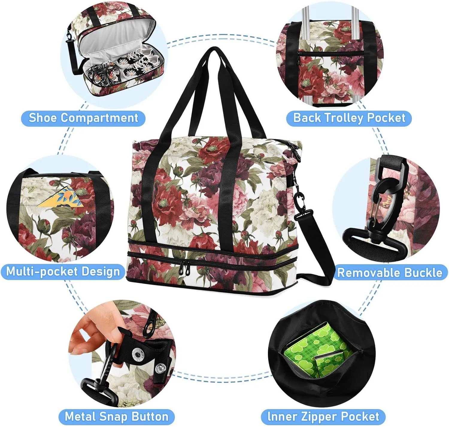 Floral White Red Roses with Green Leaves Seamless on White Gym Duffel Bag, Polyester Travel Weekender Luggage Handbag with Waterproof Pocket for Wet Items, Unisex Foldable Tote for Sports