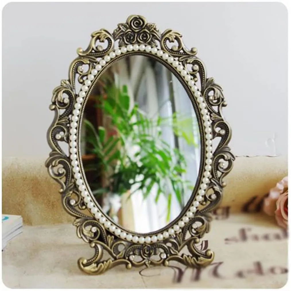 FMURY European Classical Retro Bronze Table Mirrors Desktop Table Mirrorss Makeup Mirrors Female Household(17 * 23cm)