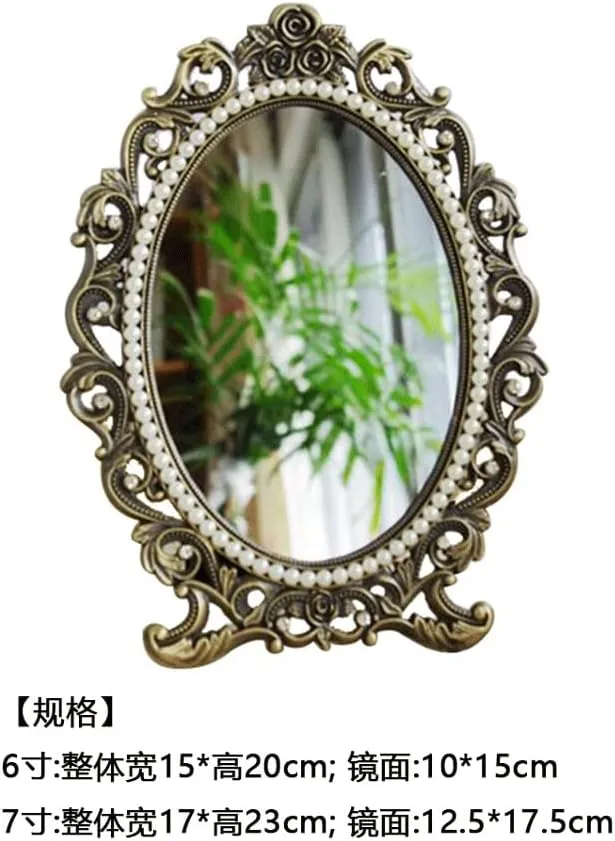 FMURY European Classical Retro Bronze Table Mirrors Desktop Table Mirrorss Makeup Mirrors Female Household(17 * 23cm)