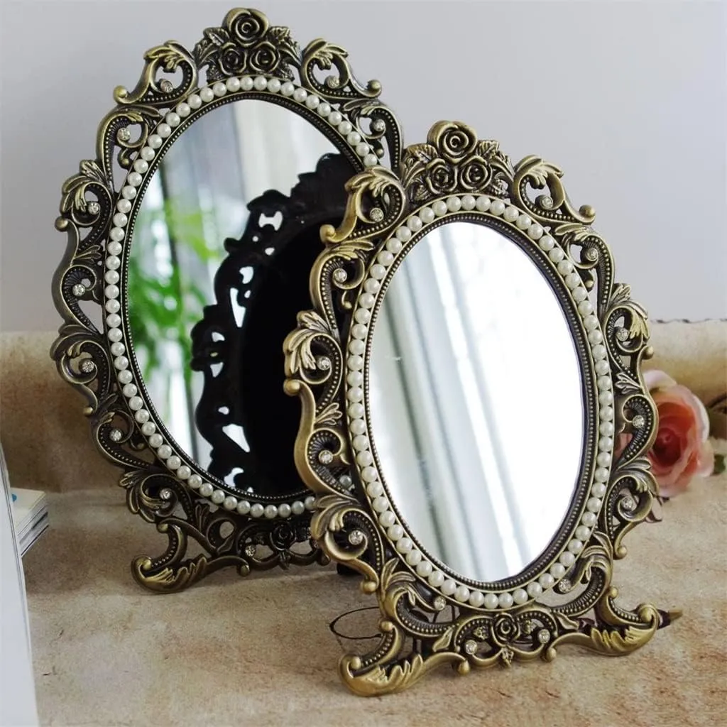 FMURY European Classical Retro Bronze Table Mirrors Desktop Table Mirrorss Makeup Mirrors Female Household(17 * 23cm)
