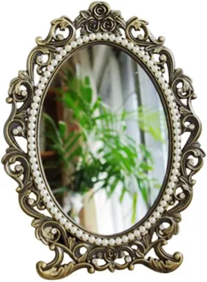 FMURY European Classical Retro Bronze Table Mirrors Desktop Table Mirrorss Makeup Mirrors Female Household(17 * 23cm)