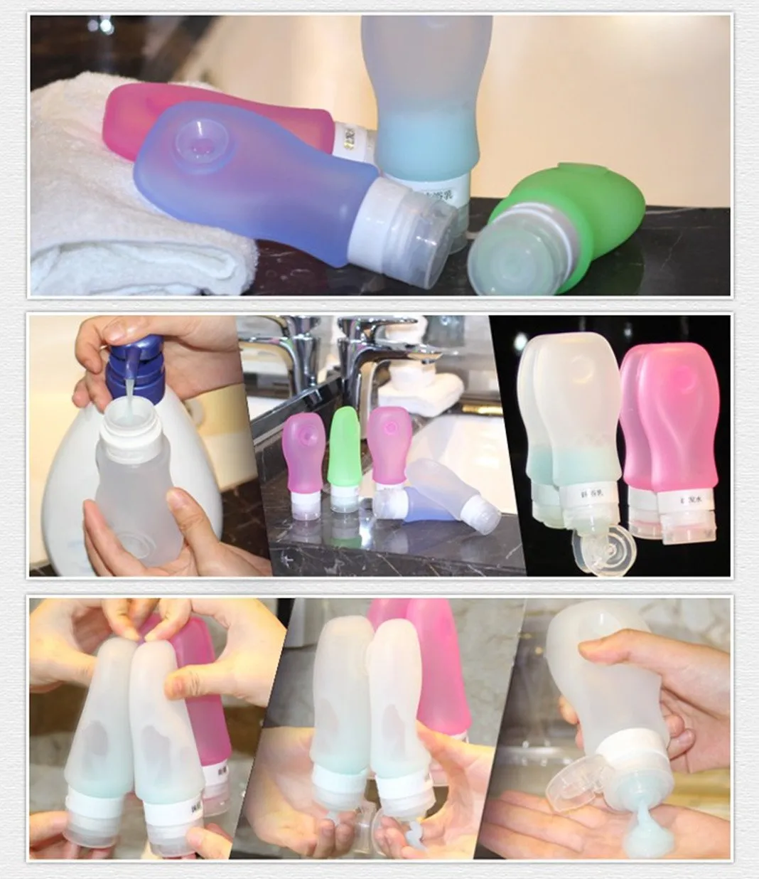 FNSHIP 4 Pack Sucker type Portable Food Grade Squeeze Silicone Liquid Travel Bottles TSA Approved For Shampoo, Conditioner, Lotion, Toiletries, Food condiment(1OZ,White Blue Green Pink)