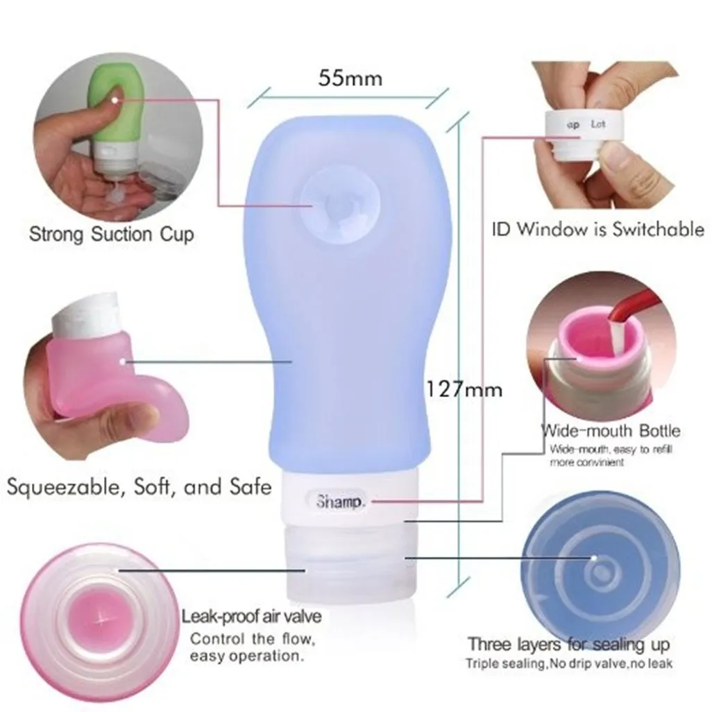 FNSHIP 4 Pack Sucker type Portable Food Grade Squeeze Silicone Liquid Travel Bottles TSA Approved For Shampoo, Conditioner, Lotion, Toiletries, Food condiment(1OZ,White Blue Green Pink)