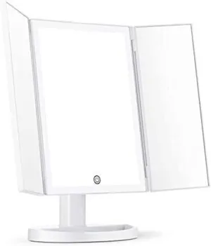 Foldable Makeup Mirror, Vanity Mirror Dimmable LED Lights with Wide-Angle t-button Screen and Countertop Adjustable