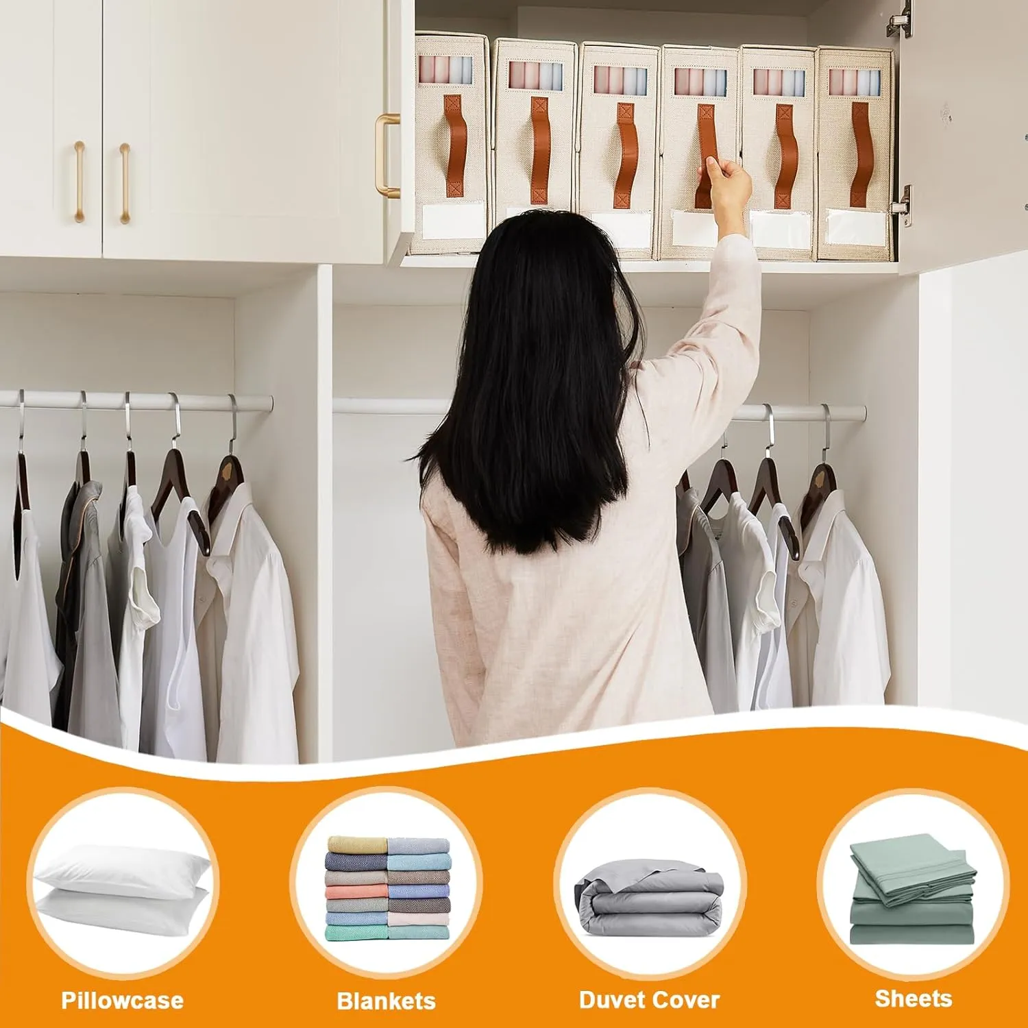 Foldable Sheet Organizer 4 Pack; Storage Box for Sheets with Windows (Queen & King Size), Beige