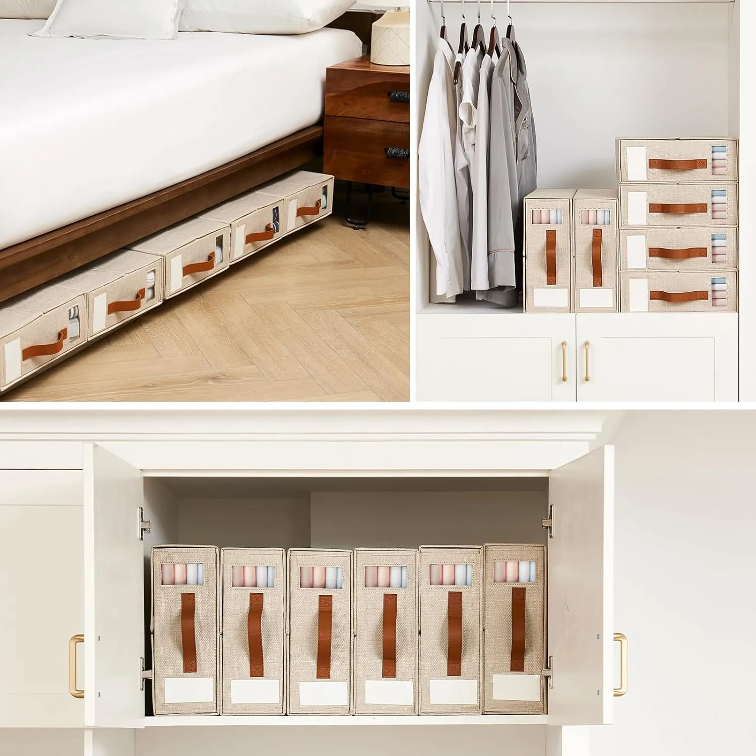 Foldable Sheet Organizer 4 Pack; Storage Box for Sheets with Windows (Queen & King Size), Beige