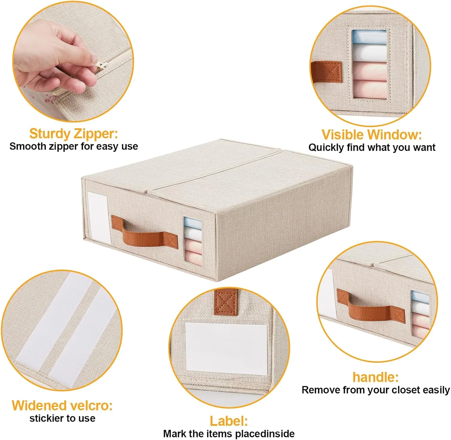 Foldable Sheet Organizer 4 Pack; Storage Box for Sheets with Windows (Queen & King Size), Beige