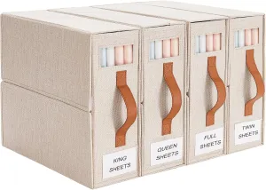 Foldable Sheet Organizer 4 Pack; Storage Box for Sheets with Windows (Queen & King Size), Beige
