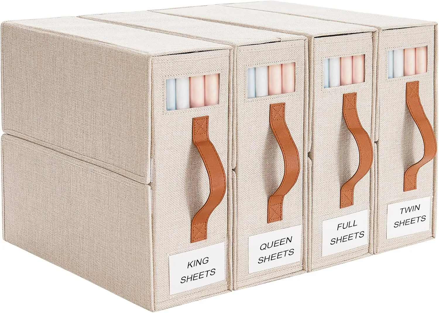 Foldable Sheet Organizer 4 Pack; Storage Box for Sheets with Windows (Queen & King Size), Beige