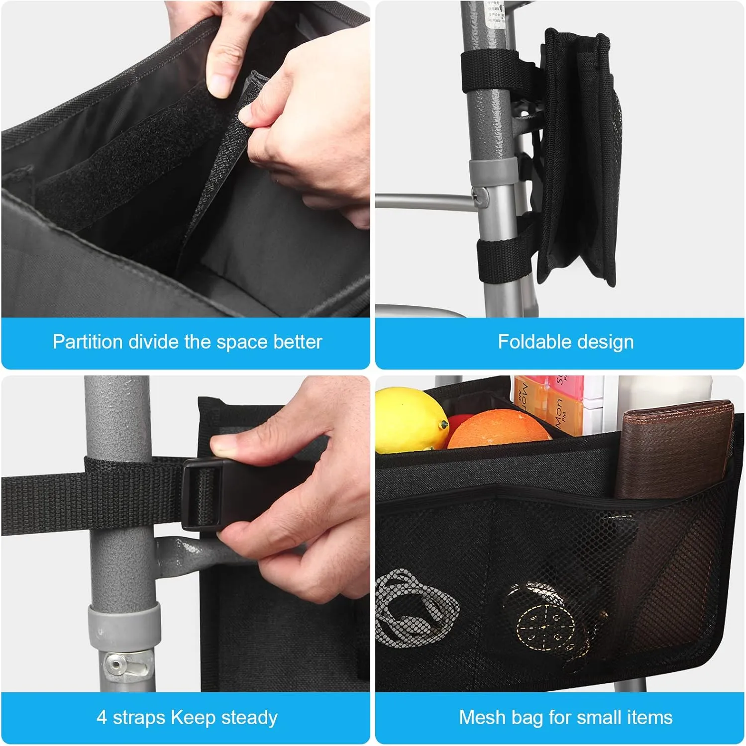Foldable Walker Storage Bag with Split Boards and Non-Slip Straps - Big Capacity Walker Basket Tote Organizer - Never Tipping Over - Ideal for Senior, Universal Size (Black)