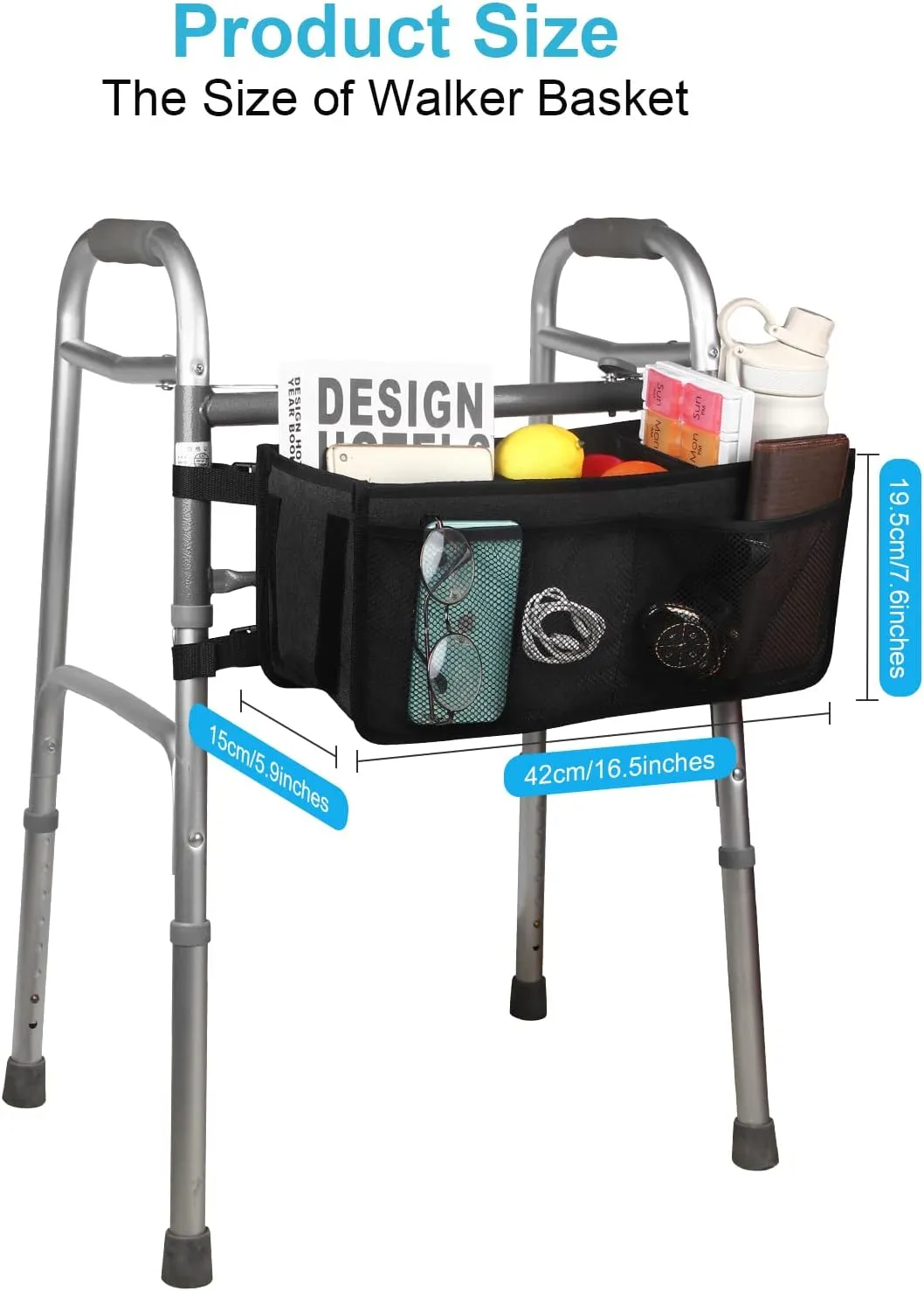 Foldable Walker Storage Bag with Split Boards and Non-Slip Straps - Big Capacity Walker Basket Tote Organizer - Never Tipping Over - Ideal for Senior, Universal Size (Black)