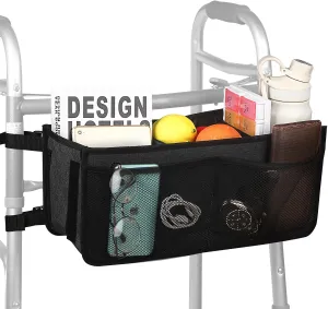 Foldable Walker Storage Bag with Split Boards and Non-Slip Straps - Big Capacity Walker Basket Tote Organizer - Never Tipping Over - Ideal for Senior, Universal Size (Black)