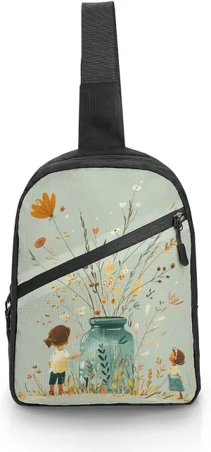 Folding Chest Bags Men's Women's Small Crossbody Bags Day Backpacks Single Shoulder Handbags Plant Flowers in Jars Printed Chest Bags Suitable for Hiking Walking Cycling Travel Cycling