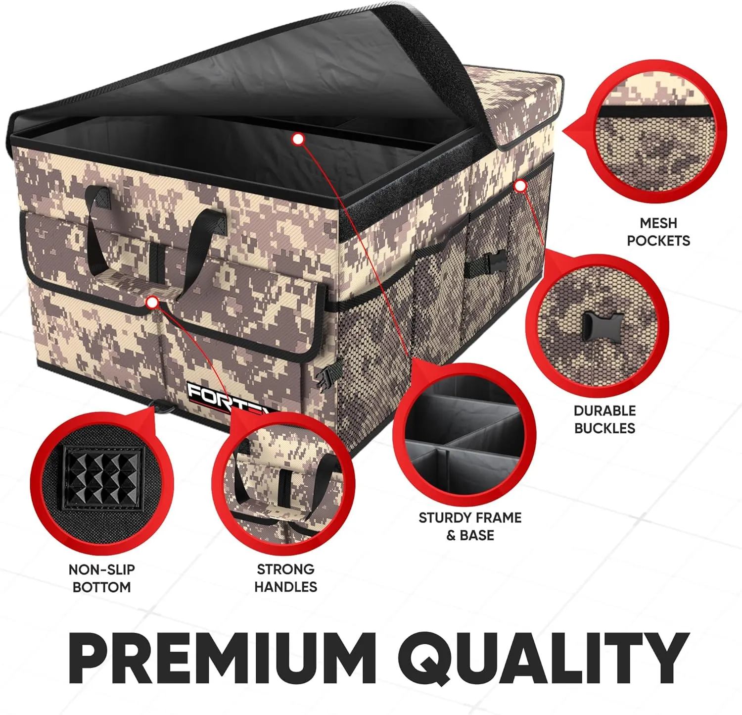 FORTEM Car Trunk Organizer, Collapsible Multi Compartment SUV Organizer, Foldable Storage for Car Accessories for Women Men, 600D Oxford, Non Slip Bottom, Securing Straps, Soft Cover (50L)