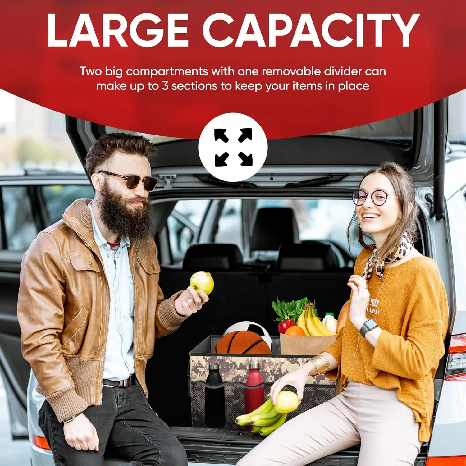 FORTEM Car Trunk Organizer, Collapsible Multi Compartment SUV Organizer, Foldable Storage for Car Accessories for Women Men, 600D Oxford, Non Slip Bottom, Securing Straps, Soft Cover (50L)