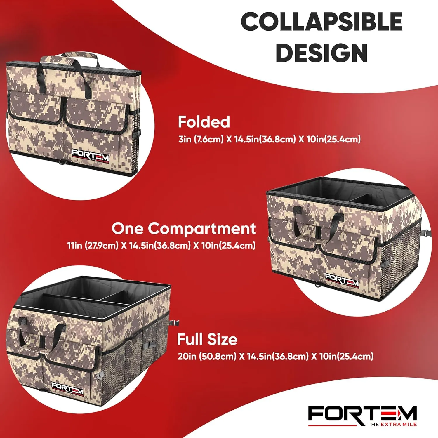 FORTEM Car Trunk Organizer, Collapsible Multi Compartment SUV Organizer, Foldable Storage for Car Accessories for Women Men, 600D Oxford, Non Slip Bottom, Securing Straps, Soft Cover (50L)