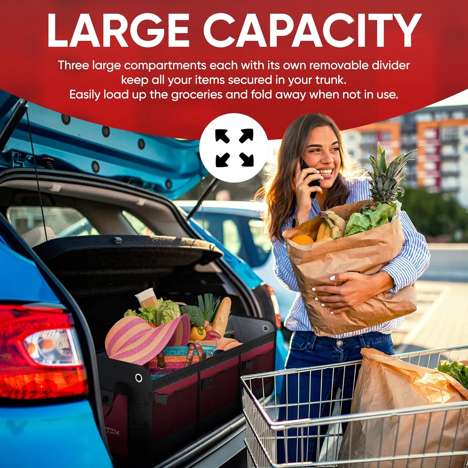 FORTEM SUV Trunk Organizer with Cooler, Car Organizer, Collapsible Multi-Compartment Storage Bag for Car Accessories for Women Men, 1680D Oxford, Non Slip Bottom, Adjustable Straps Soft Cover (110L)