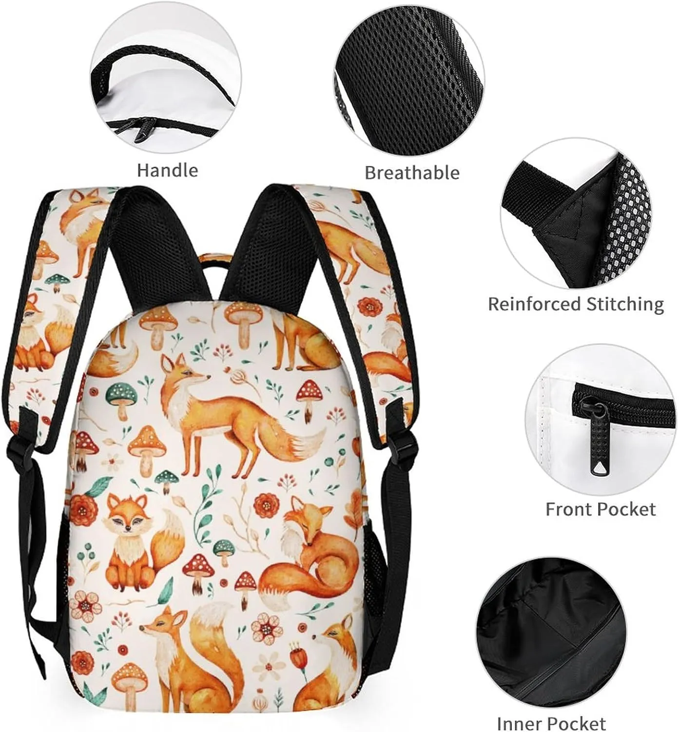 Fox Backpack for Kids Girls Boys School, 16 Inches Cute Foxes Theme Bookbag, Adjustable, Lightweight, Large Capacity, Colorful Daily Casual Animal Backpacks