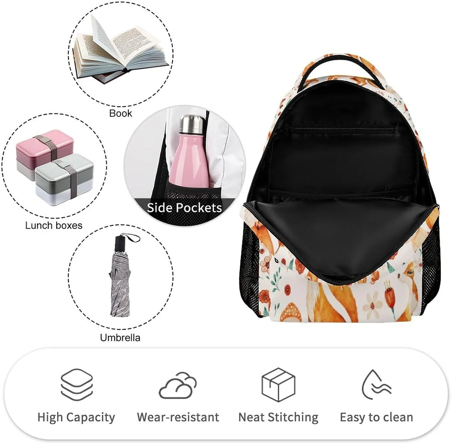 Fox Backpack for Kids Girls Boys School, 16 Inches Cute Foxes Theme Bookbag, Adjustable, Lightweight, Large Capacity, Colorful Daily Casual Animal Backpacks