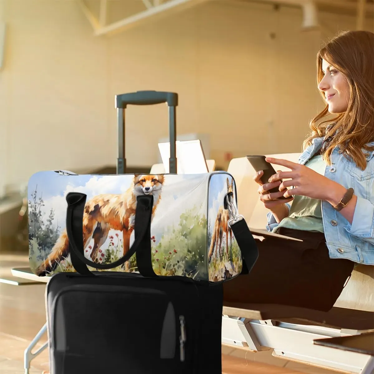 Fox Print Travel Duffel Bag for Women Men Waterproof Foldable Overnight Weekender Bag Large Capacity Sports Gym Bag